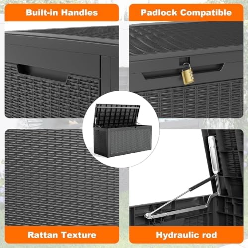 PatioZen 120 Gallon Outdoor Deck Box,Waterproof Resin Outdoor Storage Boxes, Outside Storage Lockable Container for Garden Tools,Indooor Cushions,Accessories (Black) - Image 3