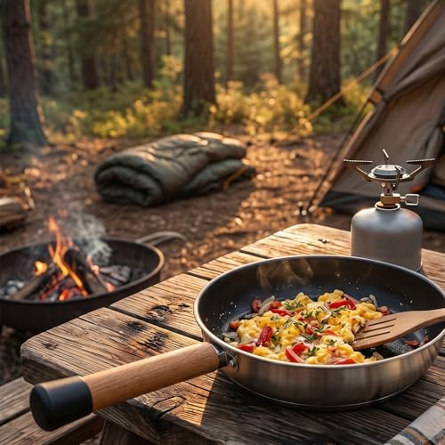 Outdoor Frying Pan, Stainless Steel Camping Skillet with Wooden Handle for Camping Backpacking Cookware, Lightweight 7.87x13.98 Inch Portable Grill Pan for Hiking (Wooden Handle Frying) - Image 3