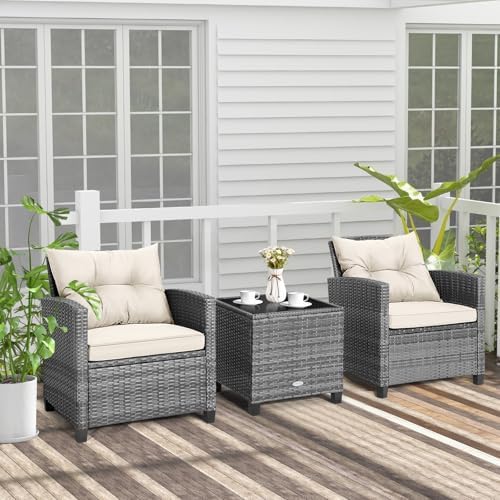 Tangkula 3 Pieces Patio Furniture Set, PE Rattan Wicker 3 Pcs Outdoor Sofa Set w/Washable Cushion and Tempered Glass Tabletop, Conversation Furniture for Garden Poolside Balcony (Mix Grey-White) - Image 3