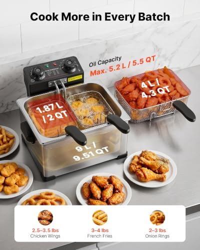 VEVOR Commercial Deep Fryer, Stainless Steel Countertop Fryer with Baskets & Lids, Temp Control, Overheat Protection, for Commercial Restaurant, Single Fryer-9.5Qt - Image 2