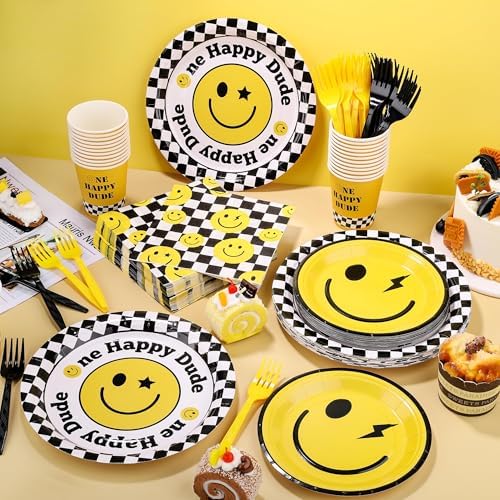 Kochorie 144 Pieces One Happy Dude Party Tableware Sets including Disposable Plates Napkins Cups Forks Serves 24 for Smiley Face 1st Birthday Preppy Party Decorations - Image 4