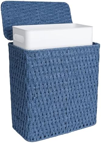 iEGrow Paper Rope Trash Can,Bathroom Trash Can with Lid, 3 Gallon Wicker Waste Basket with Removable Liner, for Bedroom, Living Room, Toilet, Under Sink Blue by iEGrow