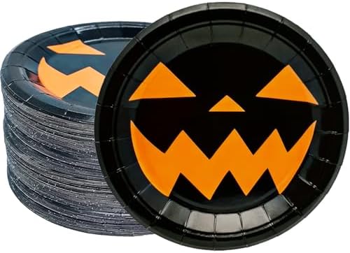50Pcs Halloween Party Supplies Halloween Paper Plate 7Inch Pumpkin Plates Fall Pumpkin Monster Paper Plates for Haunted House Themed Black Orange Fall Birthday Party Decorations (Black) by HSPAIDYP