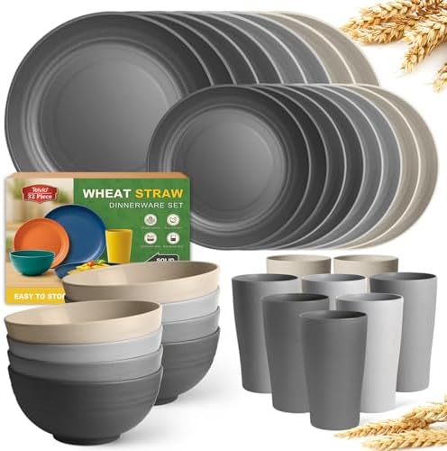 Teivio 32-Piece Plates and Bowls Sets for 8, Wheat Straw Dinnerware Sets by Teivio