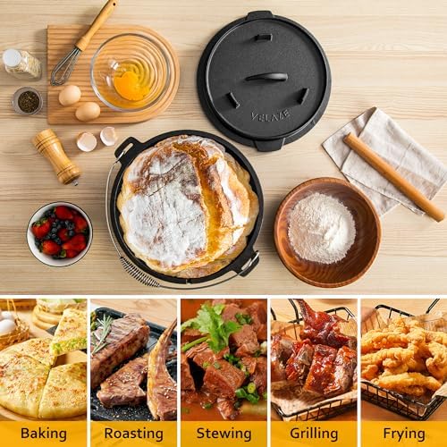 Velaze 10 QT Pre-Seasoned Cast Iron Camping Dutch Oven Pot with Lid - Image 6