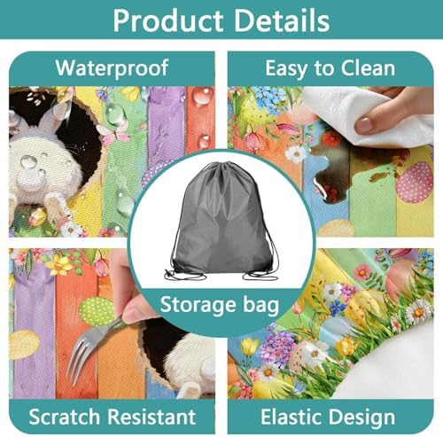Easter Picnic Table Cover with Bench Covers, Cute Bunny Flower Colorful Wooden Board Camping Tablecloth, Waterproof Windproof, Fitted Tablecloth Cover with Elastic Edge, for Outdoor, 3 PCS, 30x72 Inch - Image 4