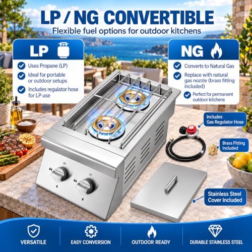 Single Grilling Side Burner for BBQ Grill Island, 30,000 BTU,Liquid Propane Side Burner for Outdoor Kitchen, Convertible to Natural Gas, 304 Stainless Steel - Image 2