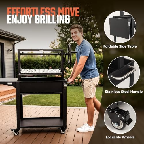 BIG HORN Santa Maria Grill, Argentine Parrilla Grill with Adjustable Height Grate, Wood Fire & Charcoal BBQ Grill, Large Outdoor Open Fire Grill with Storage for Patio & Backyard - Image 6