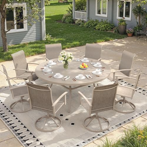 Outdoor Dining Table for 8, 60" Round Outdoor Table with Adjustable Umbrella Hole, All-Weather Metal Patio Dining Table for Lawn Garden Backyard Deck, Sandshell - Image 4