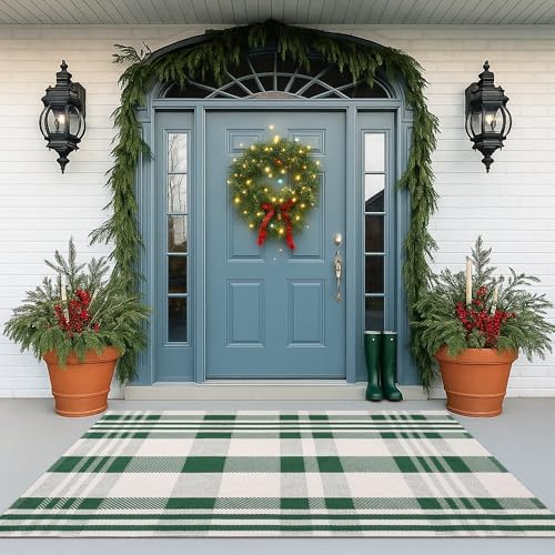 Christmas Green & White Check Rug - 4' x 6' Outdoor Front Door Decor Mat Cotton Washable Hand-Woven Rug Christmas New Year Holiday Porch Entryway Layered Doormat - Image 3