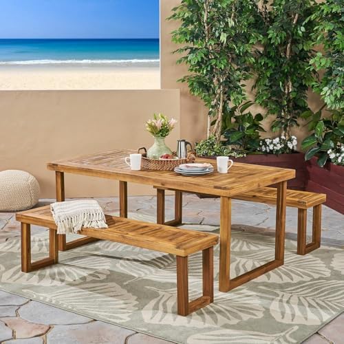 69'' Outdoor Patio Dining Table & 2 Bench for 4, Acacia Wood Dining Table Set Outdoor & Indoor Furniture for Patio Porch Garden, 3-Pcs, Sandblast Natural Finish by JJKFurniture-kevinplus