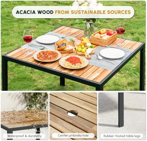 5-Piece Patio Dining Set for 4, Outdoor Dining Set with 4 Wicker Patio Dining Chairs with Cushions & Acacia Wood Square Dining Table with 1.75" Market Umbrella Hole, Yellow & White - Image 6