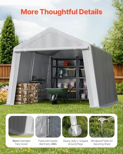 VEVOR Outdoor Storage Shed, 10 x 10 ft Portable Storage Tent with Roll-up Door & Vents, Waterproof Canopy Shed Shelter, Heavy Duty Frame, Patio Garage Carport for Motorcycle, Lawn Mower, Bike, Grey - Image 6