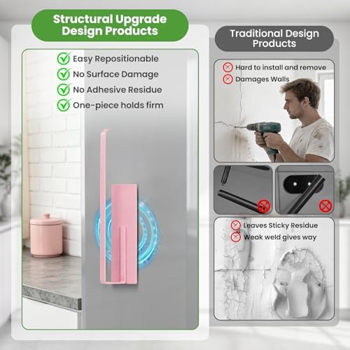 Magnetic Paper Towel Holder, Toilet Paper Roll Holder Towel Rack Wall Mount Fridge Organizer Shelf for Towels Rolls Bar Bathroom Toilet Pantry RV Essentials Kitchen Organizers and Storage Pink - Image 4