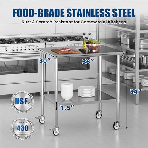 Stainless Steel Work Table with Wheels, 30x36 Inch NSF Kitchen Prep Table with Adjustable Undershelf for Commercial Restaurant, Garage, Outdoor BBQ - Image 3