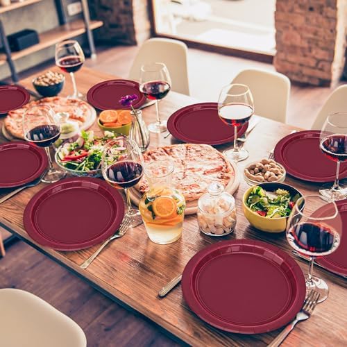 50 Count Burgundy Plates 9 Inches Round Heavy-duty Maroon Dinner Plates - Image 5
