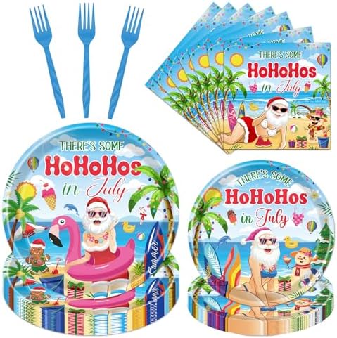 Gameza July Christmas Party Decorations Tableware, 96PCS There's Some Hohoho's in July Disposable Paper Plates and Napkins Decoration, Summer Xmas Beach Forks Decor Supplies Serves 24 by GAMEZA