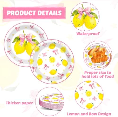 96 Pcs Pink Bow Lemon Party Decorations Pink Yellow Birthday Plates and Napkins Lemon Paper Plates Summer Disposable Tableware Set for Girls Women Bridal Baby Shower Wedding Supplies - Image 3