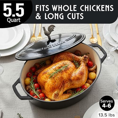 MUELLER HOME 5.5 Quart Enameled Cast Iron Oval Dutch Oven with Rooster Knob & Cotton Potholders, Heavy-Duty Cookware, Oven-Safe up to 500° F & Across All Cooktops, Gifts for Grandma & Women, Black - Image 3