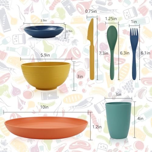 Wrova Wheat straw plates and bowls sets with cutlery - Unbreakable wheat straw dinnerware sets of 28 - Microwave safe plates,bowls,cups for camping,kitchen,new apartment.Colorful - Image 2