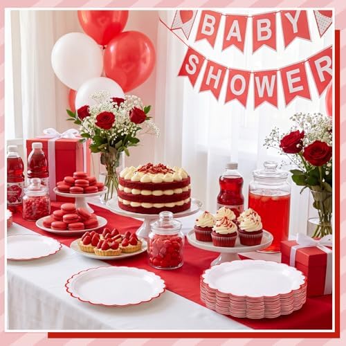 NatNarr 30 Pk Red Paper Plates 7" Scalloped Red White Dessert Cake Plates - Image 6