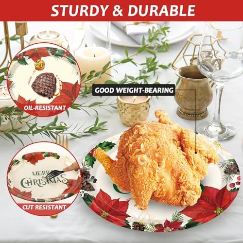 50 PCS Christmas Oval Paper Plates Large 11” Disposable Poinsettias Theme Party Decorations Winter Floral Supplies Favor for Merry Christmas Dinner Heavy Duty Dish Platter Birthday Party Tableware Set - Image 5