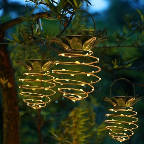 JHPGEOE 4 Pack Outdoor Solar Hanging Lantern Lights - 60LED Waterproof Solar Pineapple Light Outdoor for Garden,Yard Porch Lawn Backyard Landscape Pathway Patio Outside Gardening - Image 4