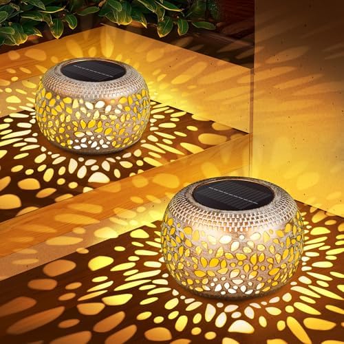 Solar Lanterns Outdoor Waterproof: 2 Pack White Gold Metal Table Decor by NFEVER