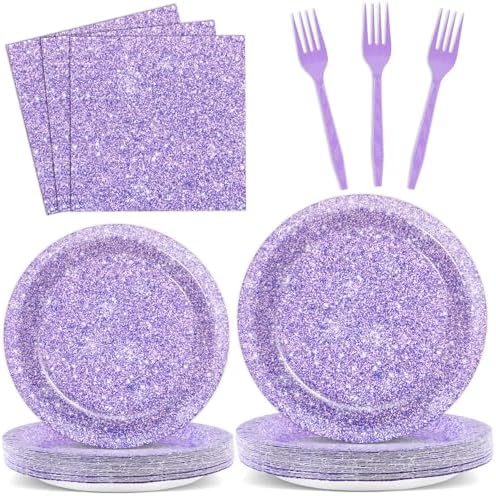 96PCS Purple Glitter Paper Plates and Napkins K-pop Purple Tableware Party Paper Plates Glitter Birthday Disposable Dinnerware Parties Set for Girl Women Sprinkle Wedding Anniversary Party Decorations by Oitnlaughter