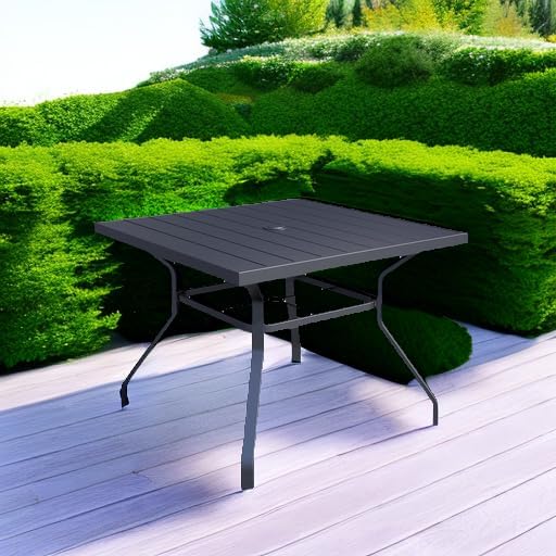 35" Square Metal Patio Dining Table with Slat Top and Umbrella Hole - Black - Image 6