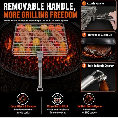 8-Piece BBQ Grill Basket Set - Stainless Steel Vegetable Grilling Basket with Detachable Handle & Lid, Portable Fish Grilling Basket & Meat Roaster, Grilling Gifts for Men Dad - Image 3