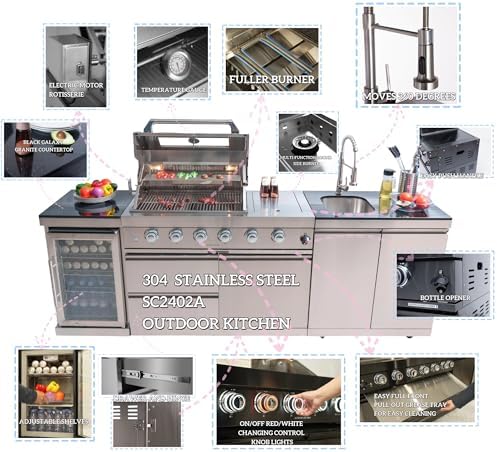 98.4" Outdoor Kitchen Island, 4-Burner Propane Grill & Fridge, Sink, Silver - Image 4