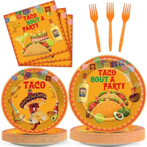 ZOiiWA 100 Pcs Let's Taco Bout A Party Supplies Tableware Set Mexican Fiesta Party Dinnerware Set Mexican Tacos Party Paper Plates Napkins Forks for Taco Party Supplies Birthday Serves 25 Guests by OBUSATT
