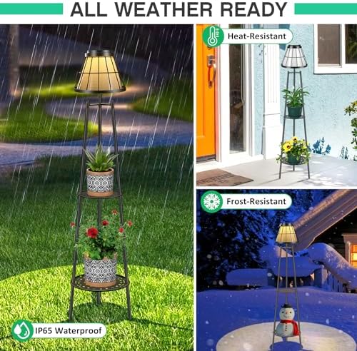 2 Pack Solar Floor Lamps Outdoor with 2-Tier Plant Stand, Metal Tall Planter Holder with Waterproof LED Lantern, Decorative Patio Light & Flower Pot Display Rack for Garden, Deck, Porch, Balcony - Image 5