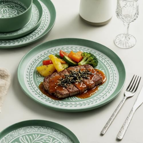 MissYip Melamine Dinnerware Set, 12 Piece for 4, Thicker Sturdy Indoor and Outdoor Use Tableware, Durable Plastic Plates and Bowls set, BPA Free, Dishwasher Top Safe, Not Microwave, Not Oven(Green) - Image 6