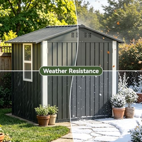 COMHOMA Outdoor Storage Shed with Window,Metal Lockable Garden Toolhouse, Ventilated Weather-Resistant Backyard Utility Workshop for Storage(Light Grey,6x4ft) - Image 6
