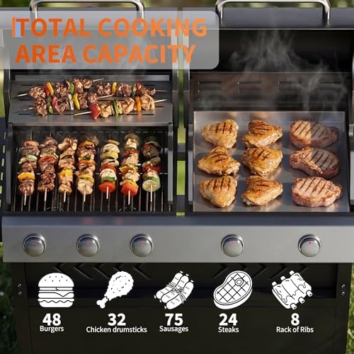 Garvee 5 Burner Propane Gas Grill Griddle Combo with Porcelain Enamel Cast Iron Grate & Cast Iron Pan – Dual BBQ Grill with Flat Top Griddle, 40,000 BTU Large Outdoor Gas Grill for Backyard Kitchen - Image 4
