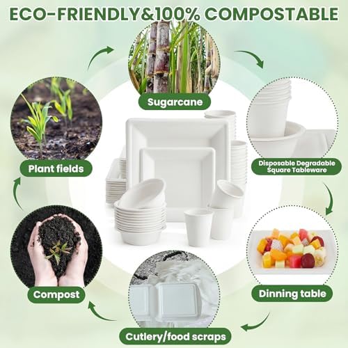 Havawish 100 Pcs Compostable Paper Plates and Bowls Set for 25 Guests, 10in & 8in Heavy Duty Sugarcane Disposable Plates 12 oz Biodegradable Cups and Paper Bowls, Party Camping Picnic(white) - Image 5