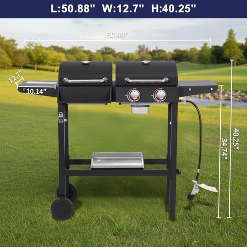 Charcoal and 2-Burner Propane Gas Combo Grill with Stainless Steel Griddle & Porcelain-enameled Cast Iron Grates, Dual Fuel BBQ Combo Grill for Outdoor Cooking - Image 2