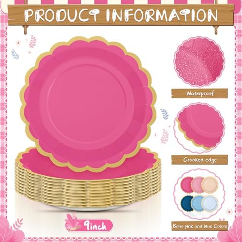 48 Pcs Pink and Blue Paper Plates 9 Inch Scalloped - Image 3
