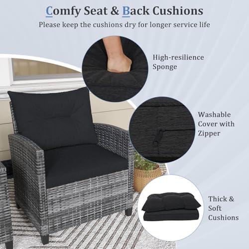 KOTEK 3 Piece Patio Furniture Set, Outdoor PE Rattan Conversation Set with Washable Cushions & Tempered Glass Tabletop, Wicker Chairs and Table Set for Porch, Garden, Balcony (Black) - Image 4
