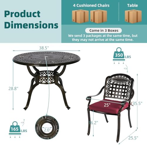 MEETWARM 5 Piece Patio Dining Set, Outdoor All-Weather Cast Aluminum Dining Table Set, Patio Furniture Set for Backyard Garden Deck, Include 1 Round Table, 4 Chairs, 4 Cushions, Chili Red - Image 4