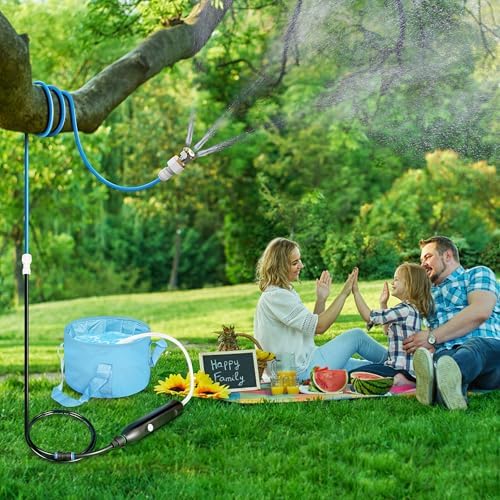 Portable Misting System with Water Pump, Plant Sprayer & Garden Hose Mister 3-in-1, No Faucet Required Misters for Outside Patio Beach Camping Golf Cart Boat, Smart Misting Cooling System by homeyeco