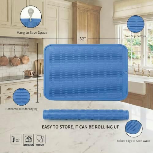 MicoYang Silicone Dish Drying Mat for Multiple Usage,Easy clean,Eco-friendly,Heat-resistant Silicone Mat for Kitchen Counter or Sink,Refrigerator or Drawer Liner Lichen BlueL 4XL 32 inches x 18 inches - Image 2