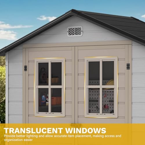 DWVO 6x4.4 FT Outdoor Storage Shed, Plastic Garden Tool Shed with 2 Windows, Double-Wall Outside Shed for Lawn Mower, Garden Shed for Backyard Patio, Lockable, Greige&Gray - Image 3