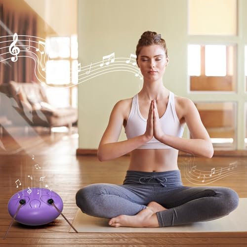 Rain Drum for Outside Garden, 6 Inches 8 Notes Steel Tongue Drums, Waterproof Meditation Echo Rain Chime, Musical Instruments for Adult Gift with Bag, Music Book, Mallets (Purple) - Image 5