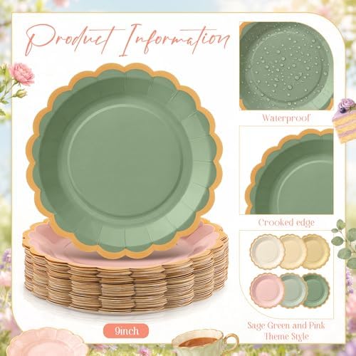 96 Pcs Sage Green and Pink Paper Plates 9 Inch Scalloped - Image 4