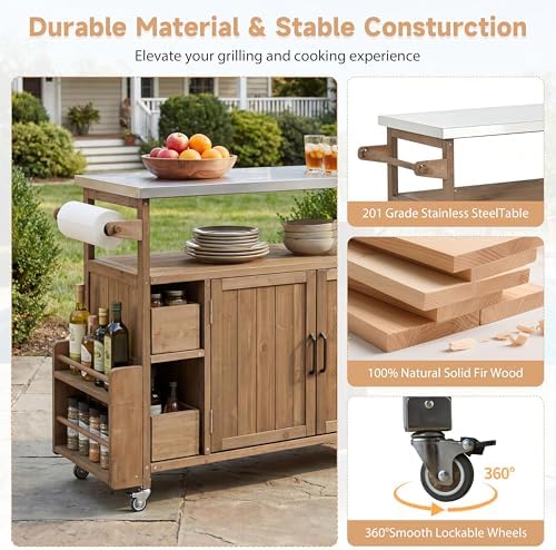 Christopher Knight Home Edsel Outdoor Bar Cart with Stainless Steel Top and Lockable Wheels, Solid Wood Outdoor Storage Cabinet, Kitchen Island Serving Cart for Poolside, Garden, Natural Brown+Silver - Image 4