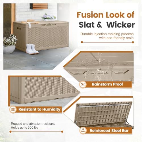 Greesum 100 Gallon Resin Patio Storage Box for Garden Tools, Coffee - Image 3