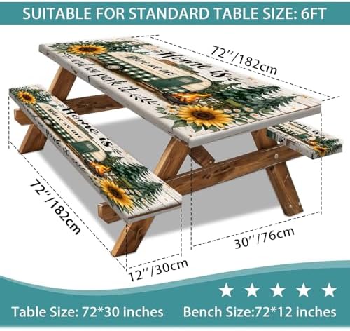 Picnic Table Cover with Bench Covers Camping Essentials Green Checkered RV Forest Sunflower Wooden Outdoor Table Covers with Elastic Waterproof Camping Tablecloth for Indoor & Outdoor 3 PCS 30x72 Inch - Image 3